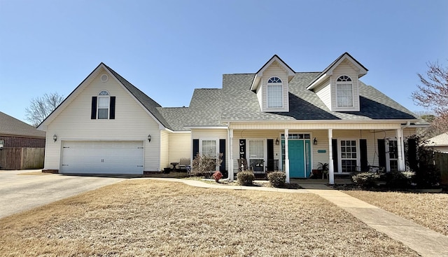 view of front facade with fence, driveway, roof with shingles, a porch, and a garage