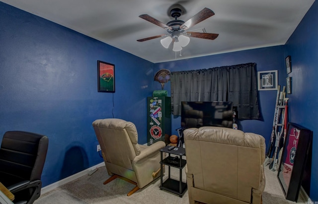 bedroom featuring a ceiling fan, baseboards, and carpet floors