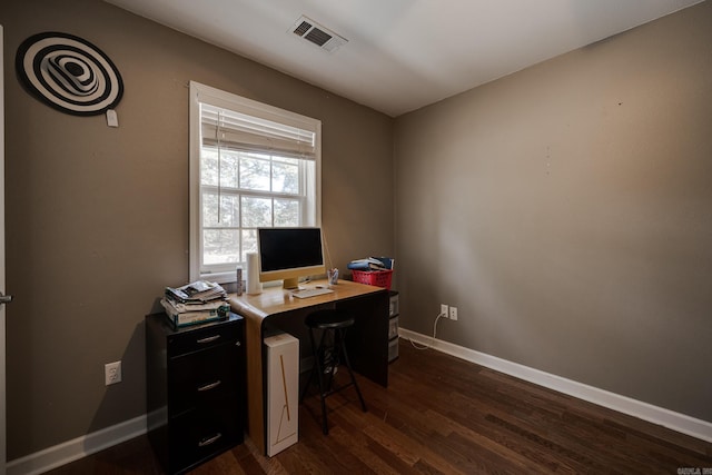 office area featuring visible vents, baseboards, and dark wood-type flooring