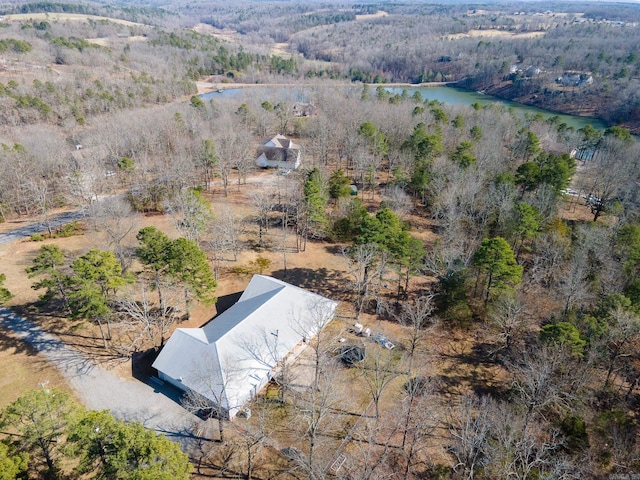 bird's eye view with a view of trees and a water view