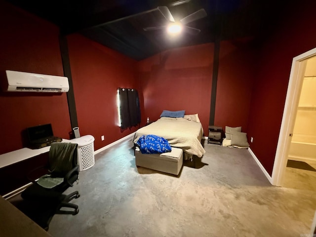 bedroom with ceiling fan, baseboards, concrete floors, and a wall unit AC