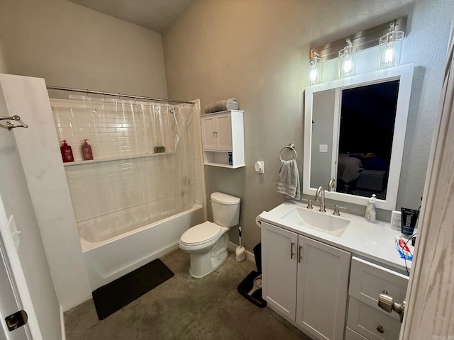 bathroom featuring shower / tub combo, toilet, and vanity