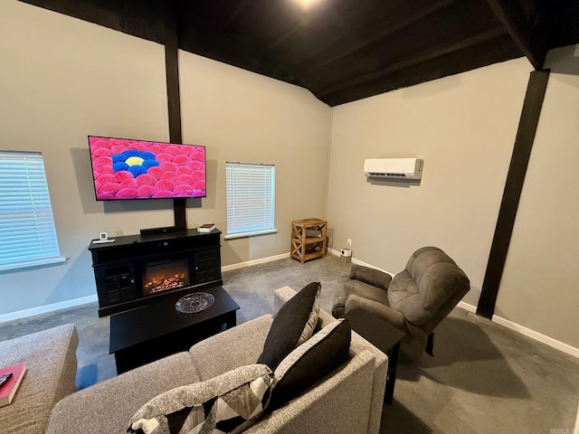 carpeted living area with a glass covered fireplace, a wall mounted air conditioner, and baseboards