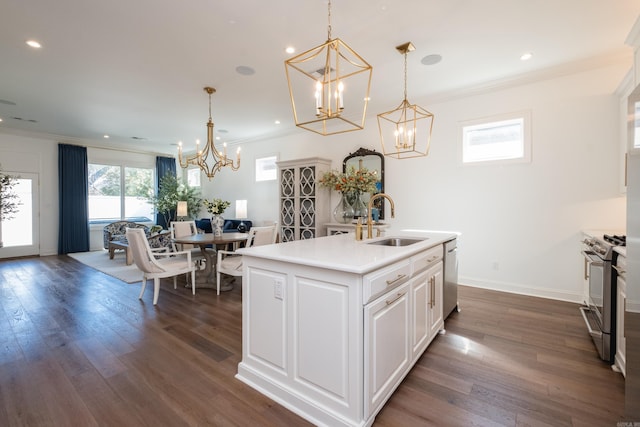 kitchen featuring a sink, dark wood finished floors, stainless steel appliances, an inviting chandelier, and crown molding