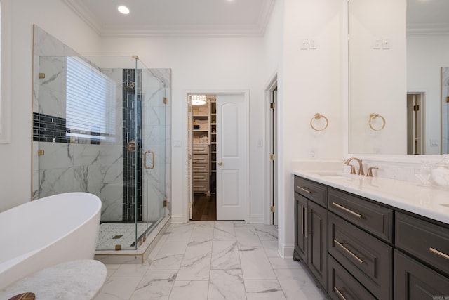 bathroom with a shower stall, crown molding, a walk in closet, marble finish floor, and vanity