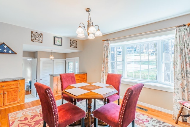 78 Altakima Cir, Cherokee Village, AR 72529 - dining space featuring light wood-style flooring, a notable chandelier, baseboards, and visible vents