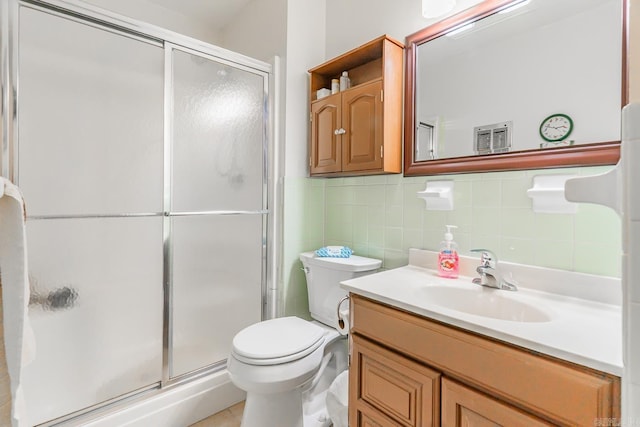 78 Altakima Cir, Cherokee Village, AR 72529 - bathroom with vanity, visible vents, a stall shower, tile walls, and toilet