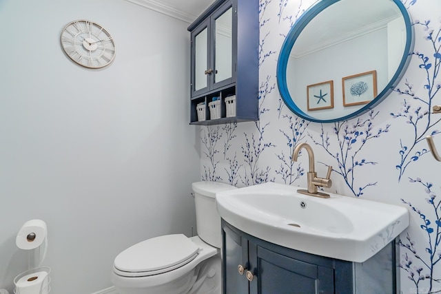 78 Altakima Cir, Cherokee Village, AR 72529 - bathroom with vanity, toilet, crown molding, and wallpapered walls
