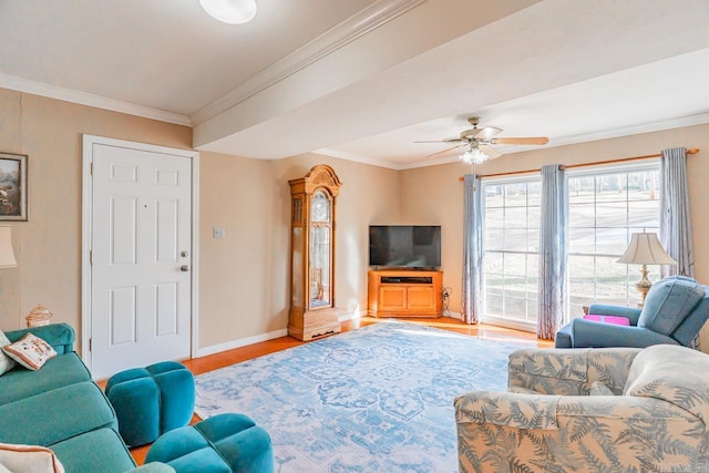 78 Altakima Cir, Cherokee Village, AR 72529 - living room with ceiling fan, baseboards, wood finished floors, and ornamental molding