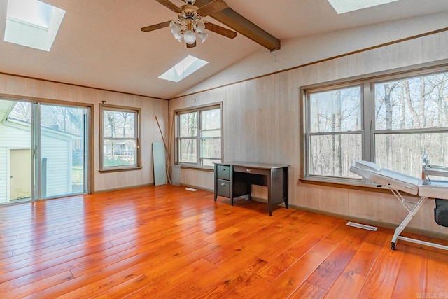 interior space featuring visible vents, wooden walls, ceiling fan, lofted ceiling with skylight, and light wood-style flooring