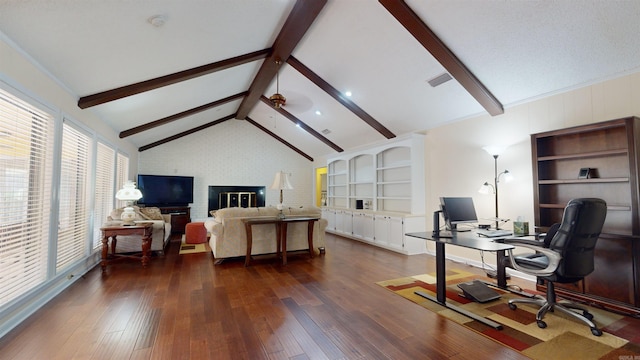 office with visible vents, ceiling fan, lofted ceiling with beams, and dark wood-type flooring