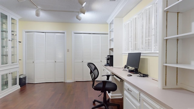 office area featuring dark wood finished floors and a textured ceiling