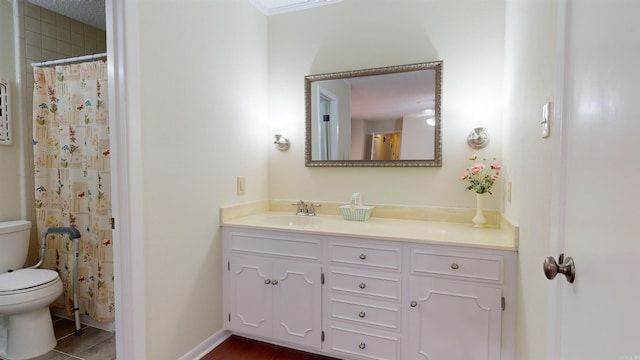 bathroom with vanity, a shower with shower curtain, baseboards, tile patterned flooring, and toilet