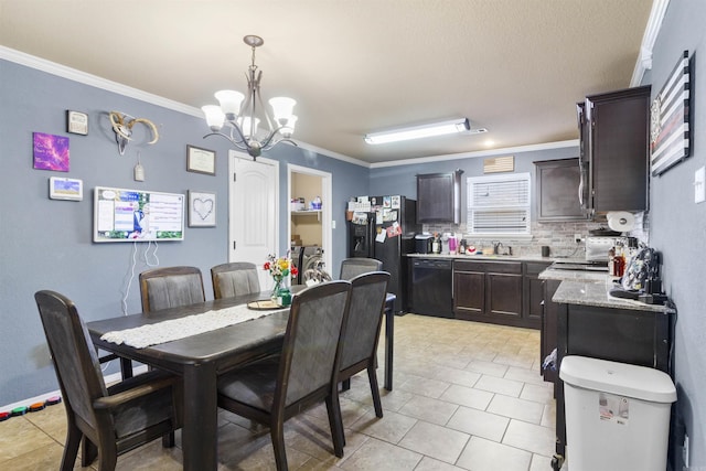 dining room featuring an inviting chandelier, light tile patterned floors, and ornamental molding