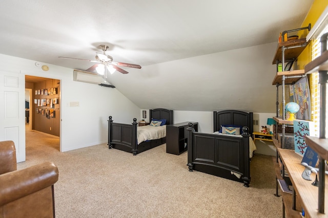 carpeted bedroom featuring ceiling fan, baseboards, and lofted ceiling