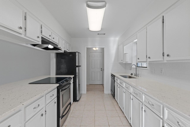 kitchen featuring under cabinet range hood, dishwasher, electric range, white cabinetry, and a sink