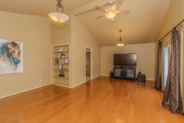 unfurnished living room with high vaulted ceiling, baseboards, ceiling fan, and wood finished floors