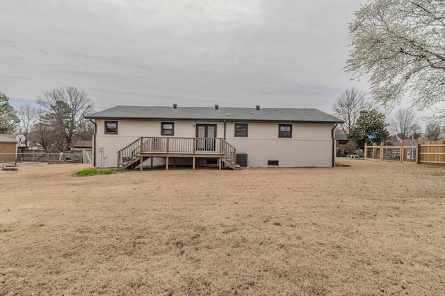 back of property featuring fence, stairs, crawl space, a deck, and central air condition unit