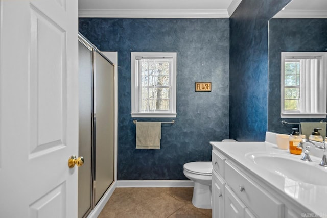 bathroom featuring a stall shower, crown molding, wallpapered walls, baseboards, and vanity