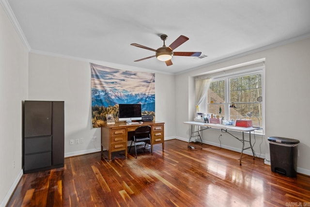 home office featuring visible vents, wood finished floors, ceiling fan, and ornamental molding