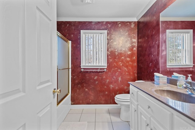 bathroom with toilet, wallpapered walls, baseboards, and ornamental molding