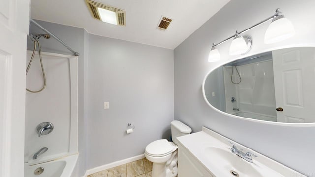 full bathroom featuring visible vents, toilet, shower / bath combination, and vanity