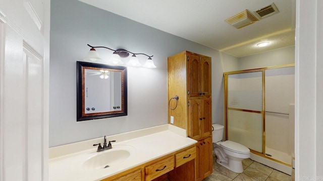 full bathroom with vanity, visible vents, a stall shower, tile patterned flooring, and toilet