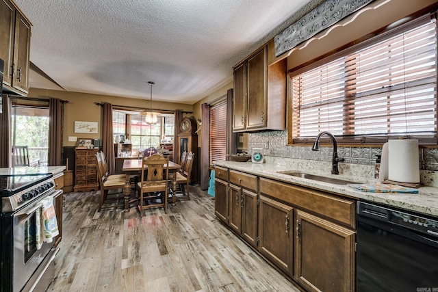 kitchen featuring dishwasher, stainless steel electric range oven, a wealth of natural light, light wood-style flooring, and a sink