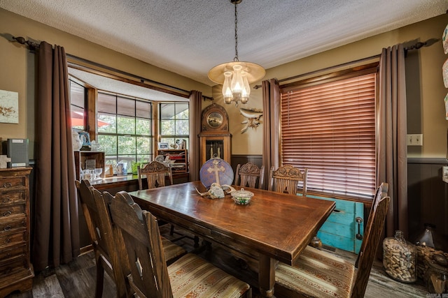 dining room with a notable chandelier, a wainscoted wall, a textured ceiling, and dark wood finished floors