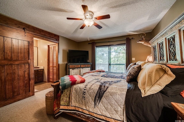 bedroom featuring a textured ceiling, access to outside, ceiling fan, and light carpet