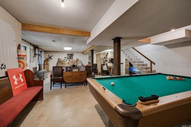 playroom featuring billiards, concrete block wall, visible vents, a paneled ceiling, and concrete flooring