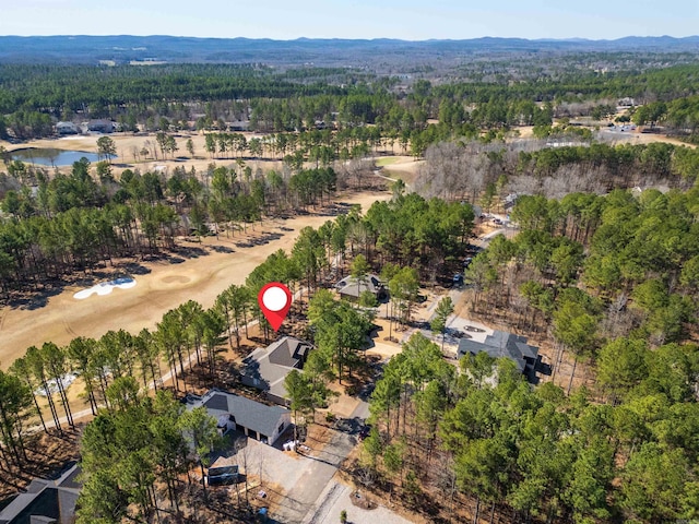 drone / aerial view featuring a forest view and a water view