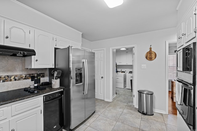 kitchen with wall oven, stainless steel fridge with ice dispenser, under cabinet range hood, decorative backsplash, and black electric cooktop