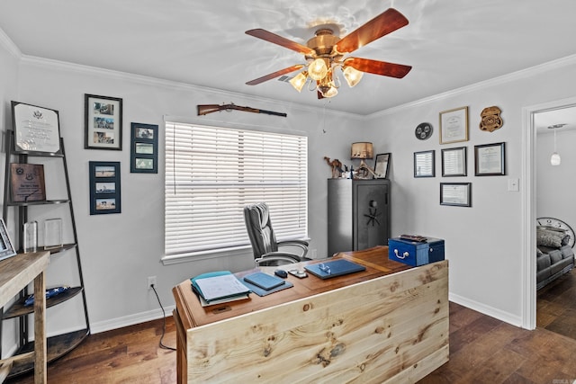 office featuring dark wood finished floors, ornamental molding, baseboards, and ceiling fan