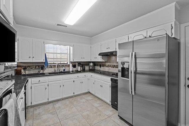 kitchen with visible vents, stainless steel fridge with ice dispenser, a sink, under cabinet range hood, and dark countertops