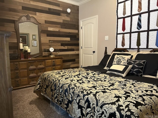 bedroom featuring wood walls, crown molding, and carpet floors