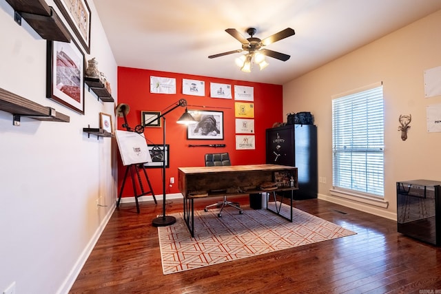 office with baseboards, ceiling fan, and wood-type flooring