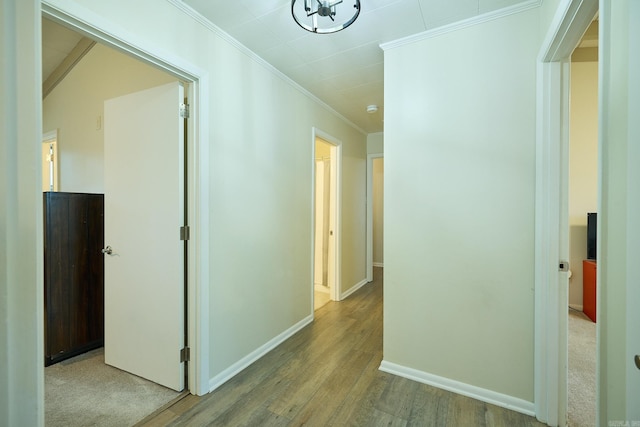 corridor featuring a notable chandelier, crown molding, baseboards, and wood finished floors