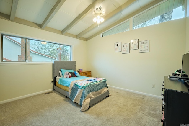 carpeted bedroom featuring visible vents, lofted ceiling with beams, and baseboards