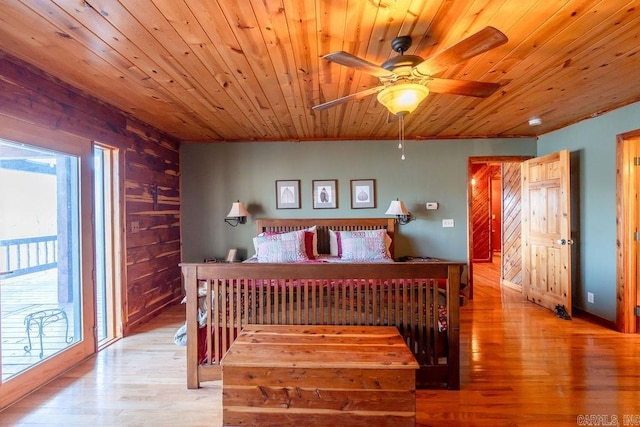 bedroom featuring wood ceiling, light wood-type flooring, and wood walls