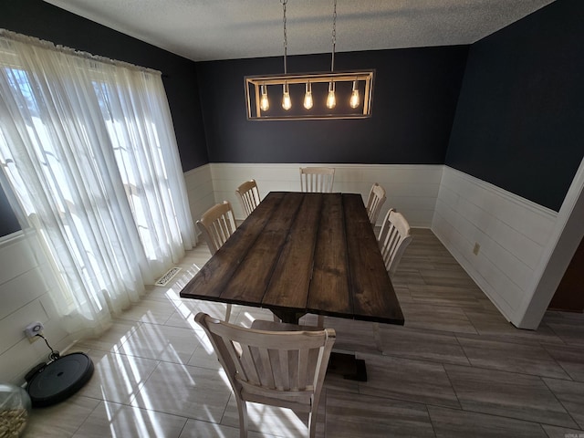 unfurnished dining area with a wainscoted wall, plenty of natural light, and a textured ceiling