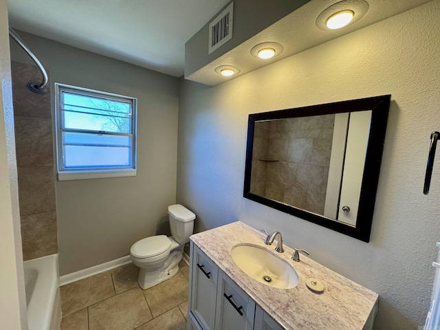 full bathroom featuring tile patterned floors, visible vents, toilet, baseboards, and vanity