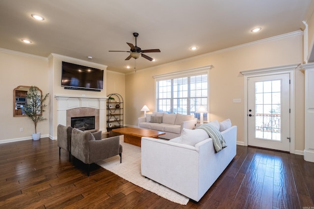 living area with plenty of natural light and dark wood-type flooring