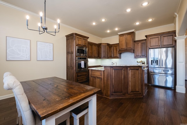 kitchen with dark wood finished floors, backsplash, and stainless steel appliances