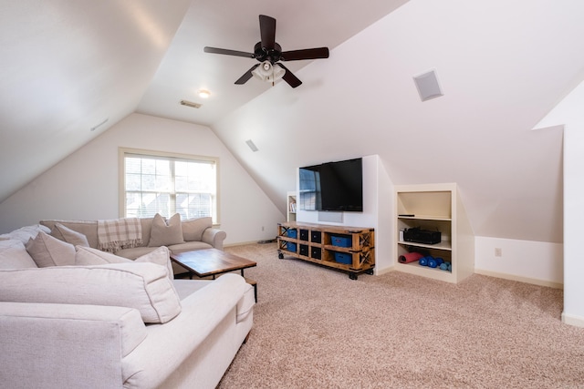 living room with visible vents, a ceiling fan, baseboards, carpet flooring, and lofted ceiling