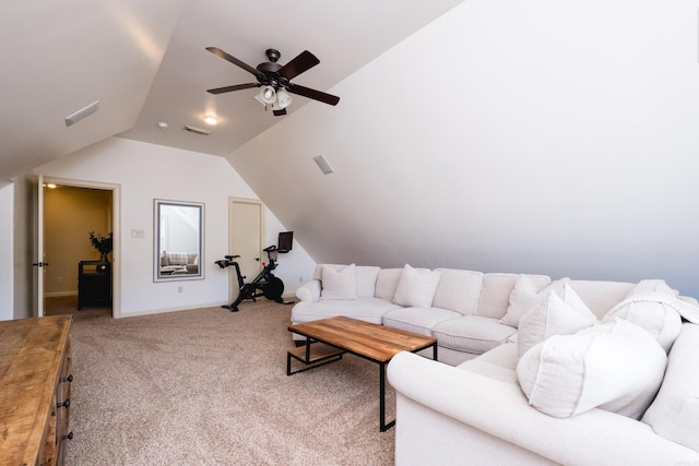 living room featuring visible vents, baseboards, light colored carpet, vaulted ceiling, and a ceiling fan