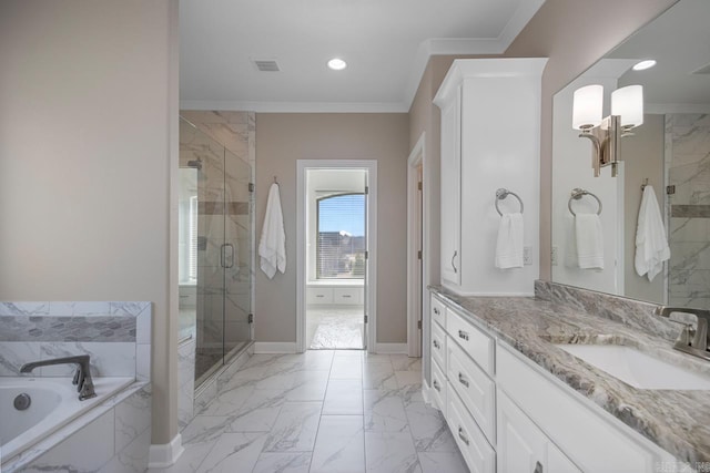 full bathroom featuring visible vents, marble finish floor, ornamental molding, and a shower stall