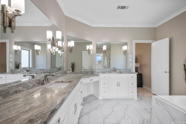 full bath with visible vents, an inviting chandelier, two vanities, a sink, and marble finish floor