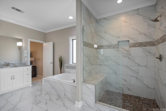 bathroom featuring visible vents, a garden tub, marble finish floor, ornamental molding, and a marble finish shower