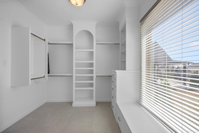 walk in closet featuring light carpet